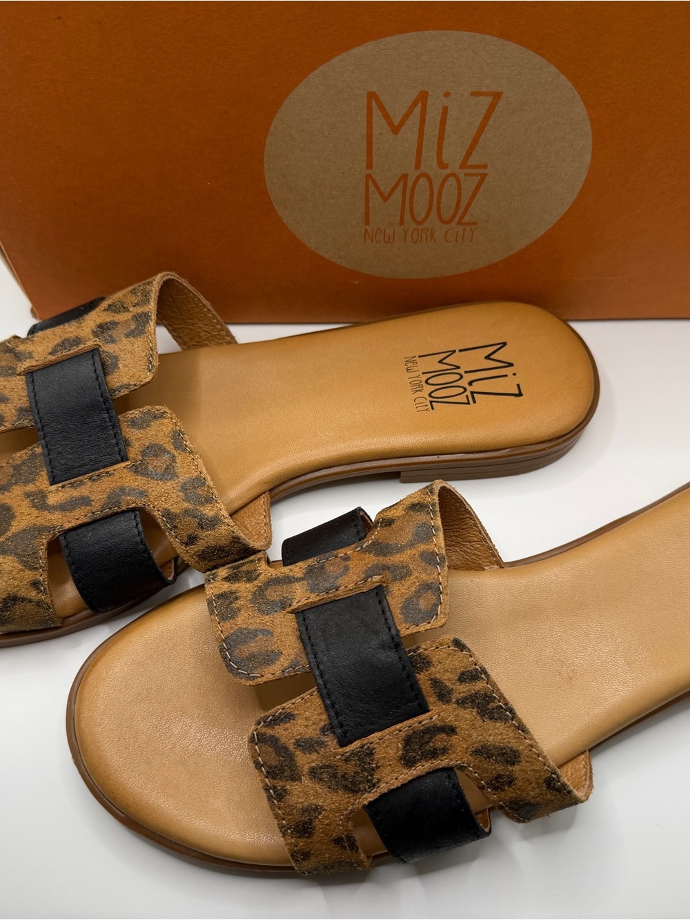 NEW!! Miz Mooz Leopard Print Slide Sandals with Black Straps